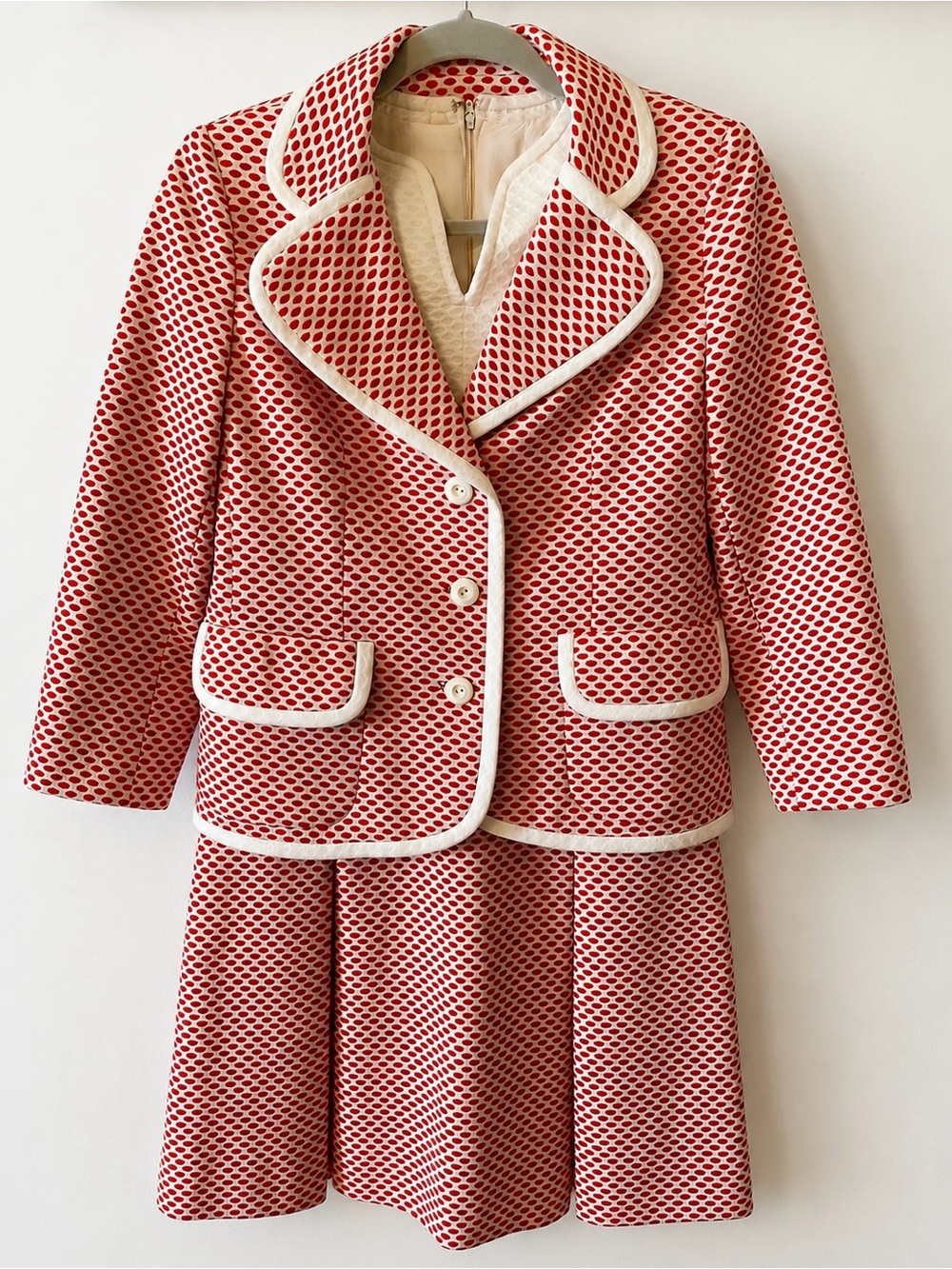 Vintage I.Magnin Red and White Textured Two-Piece Dress Set S/M
